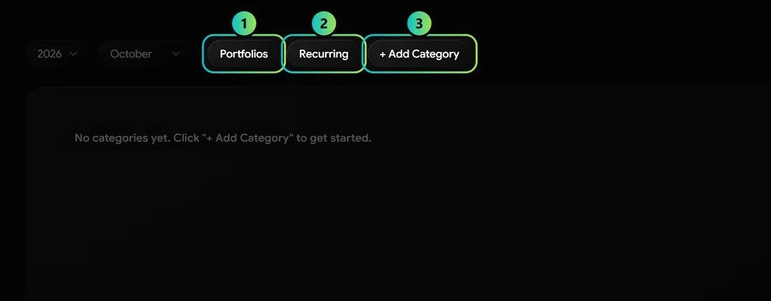 Step 2: Your plan starts on Budget Planning. The areas to click are lit and numbered, the rest is dimmed.