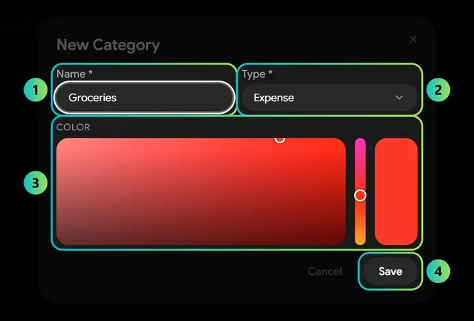 Step 3: Create your first category. The areas to click are lit and numbered, the rest is dimmed.