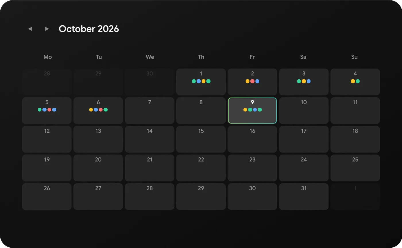 Habits month calendar with the habits done each day