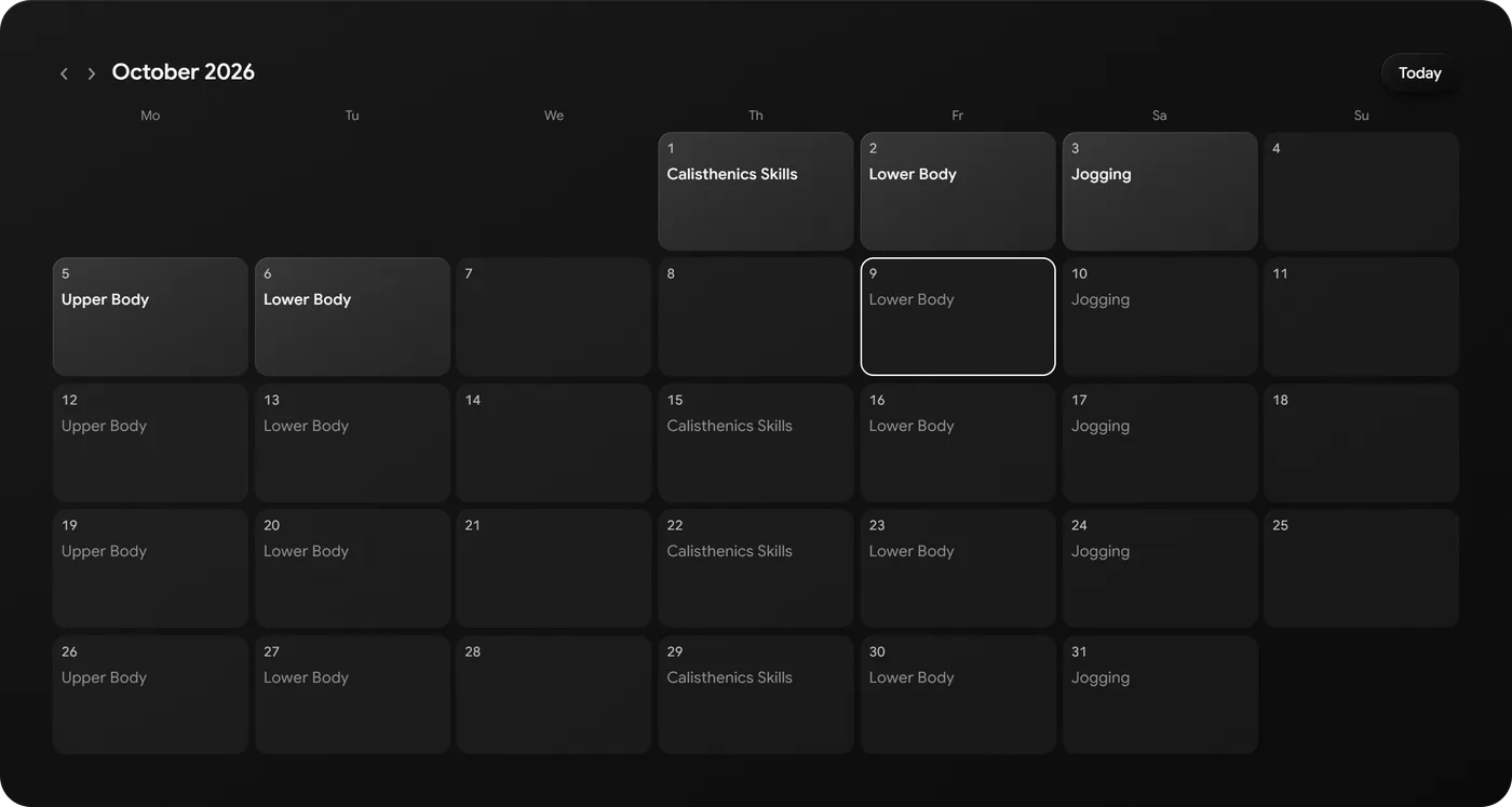 Health training calendar with upper body, lower body, calisthenics and jogging days