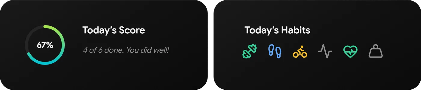 Today's score at 67 percent and today's habits as coloured icons