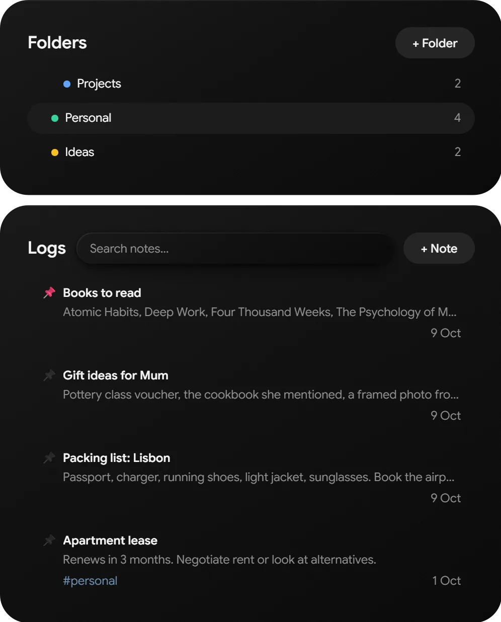 Notes in a Personal folder: a pinned book list, gift ideas, a packing list